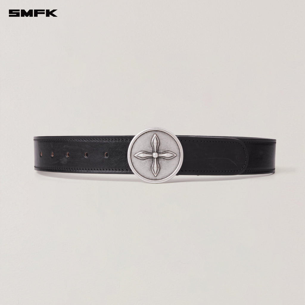 COMPASS CIRCULAR BADGE HANDCRAFT HORSE LEATHER BELT WILD BLACK