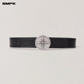 COMPASS CIRCULAR BADGE HANDCRAFT HORSE LEATHER BELT WILD BLACK