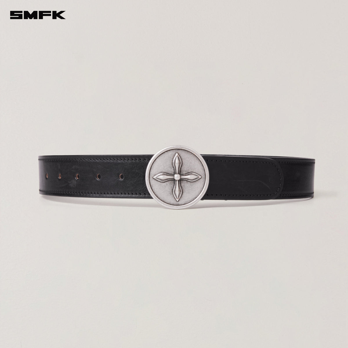 COMPASS CIRCULAR BADGE HANDCRAFT HORSE LEATHER BELT WILD BLACK