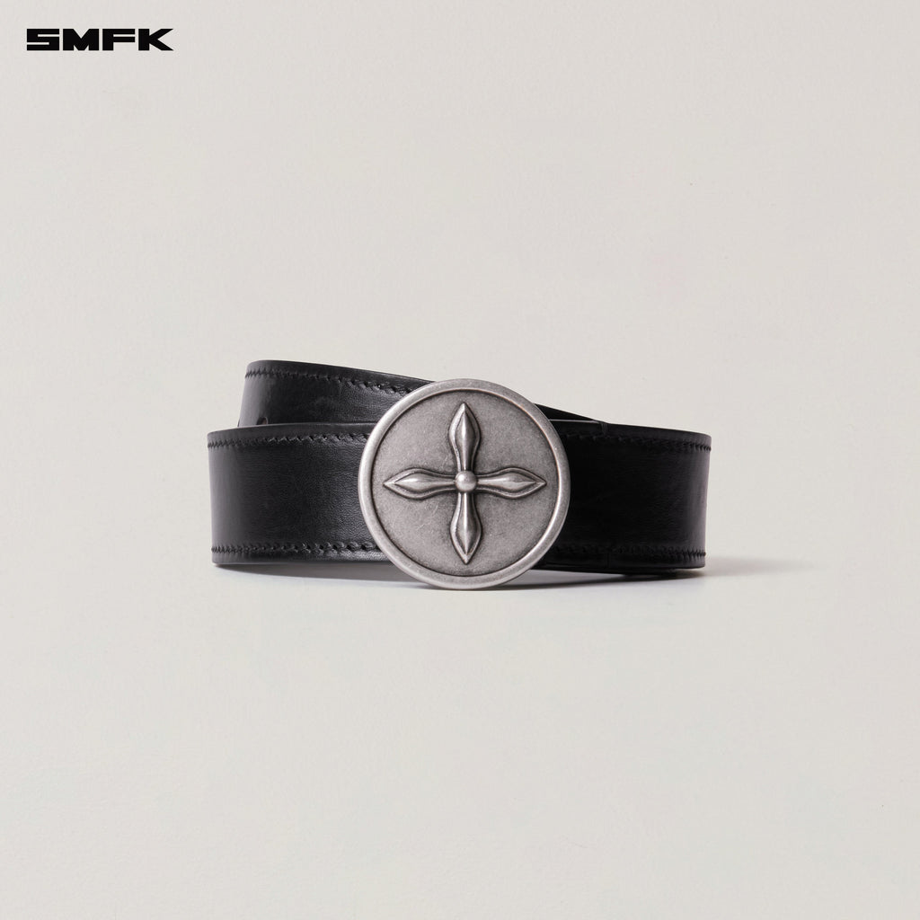 COMPASS CIRCULAR BADGE HANDCRAFT HORSE LEATHER BELT WILD BLACK