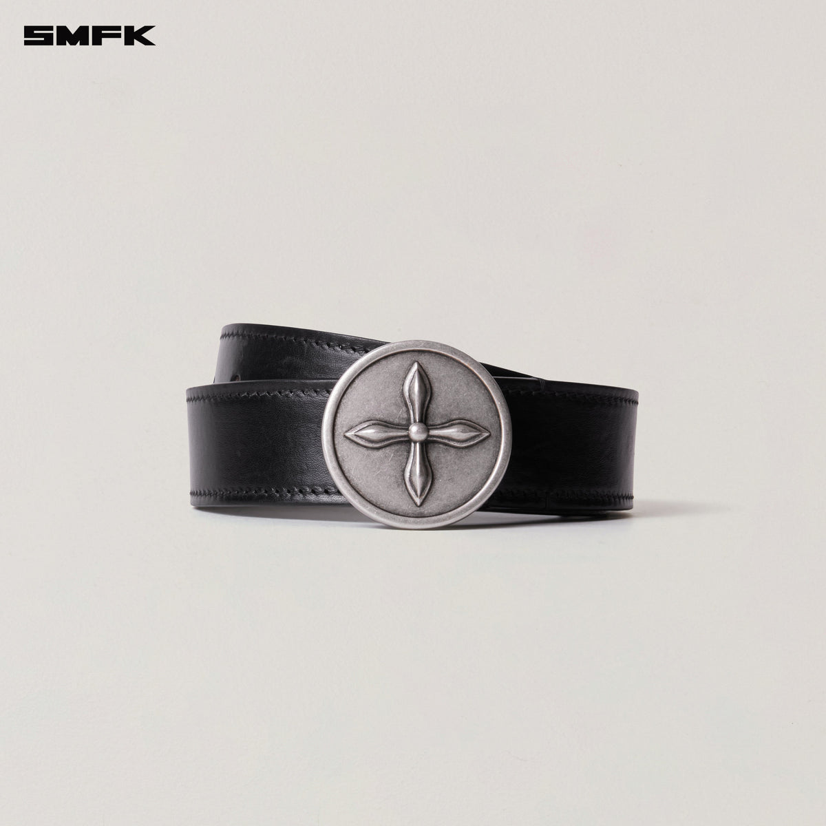 COMPASS CIRCULAR BADGE HANDCRAFT HORSE LEATHER BELT WILD BLACK