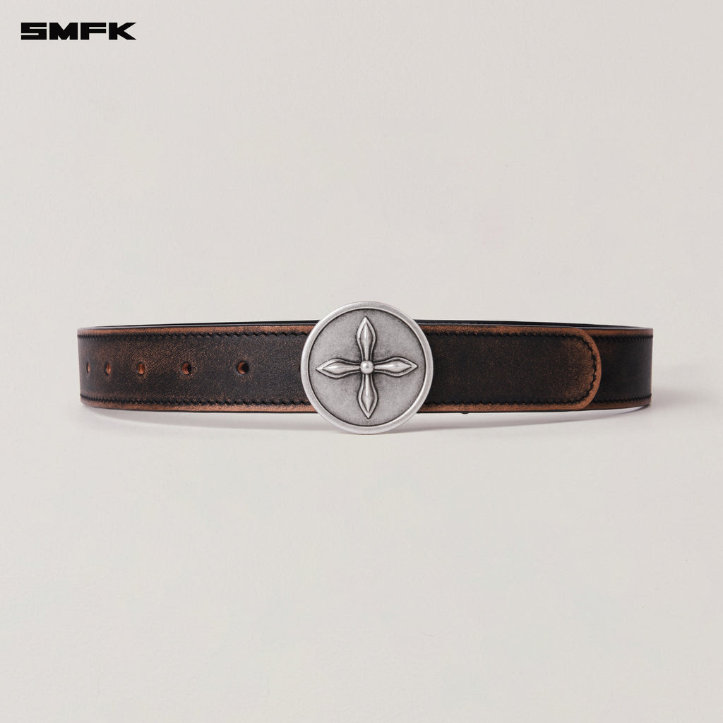 COMPASS CIRCULAR BADGE HANDCRAFT PATINA LEATHER BELT WILD BLACK PATINA
