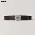 COMPASS CIRCULAR BADGE HANDCRAFT PATINA LEATHER BELT WILD BLACK PATINA