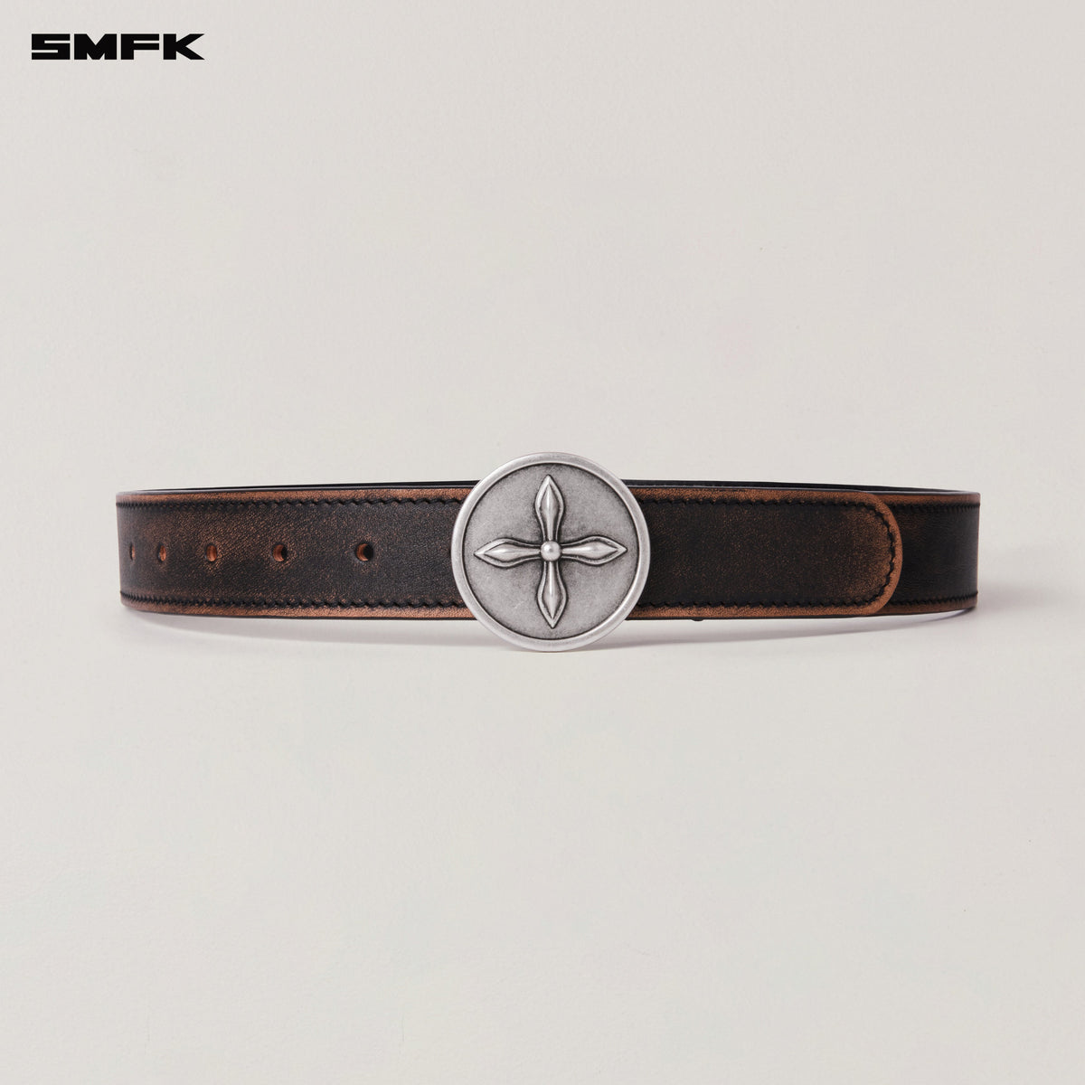 COMPASS CIRCULAR BADGE HANDCRAFT PATINA LEATHER BELT WILD BLACK PATINA