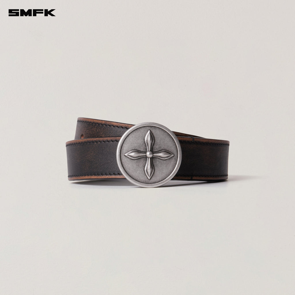 COMPASS CIRCULAR BADGE HANDCRAFT PATINA LEATHER BELT WILD BLACK PATINA