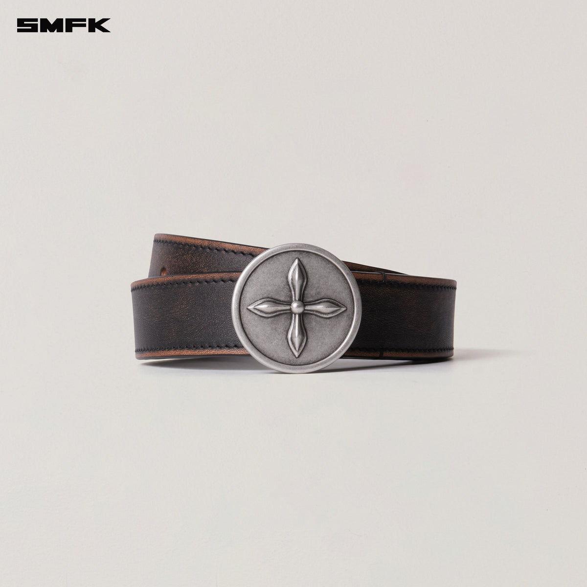 COMPASS CIRCULAR BADGE HANDCRAFT PATINA LEATHER BELT WILD BLACK PATINA
