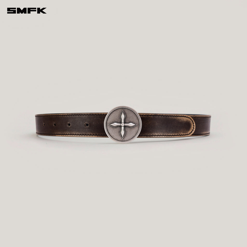 COMPASS CIRCULAR BADGE HANDCRAFT PATINA LEATHER BELT WILD HORSE BROWN PATINA