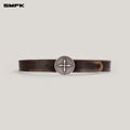 COMPASS CIRCULAR BADGE HANDCRAFT PATINA LEATHER BELT WILD HORSE BROWN PATINA