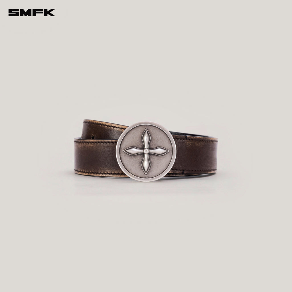 COMPASS CIRCULAR BADGE HANDCRAFT PATINA LEATHER BELT WILD HORSE BROWN PATINA