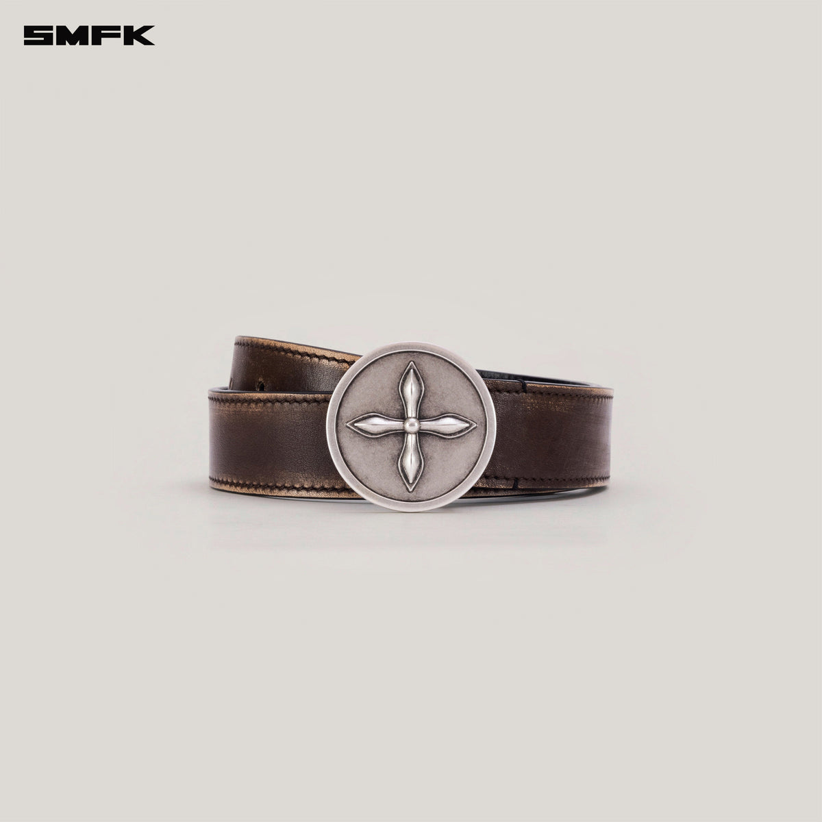 COMPASS CIRCULAR BADGE HANDCRAFT PATINA LEATHER BELT WILD HORSE BROWN PATINA