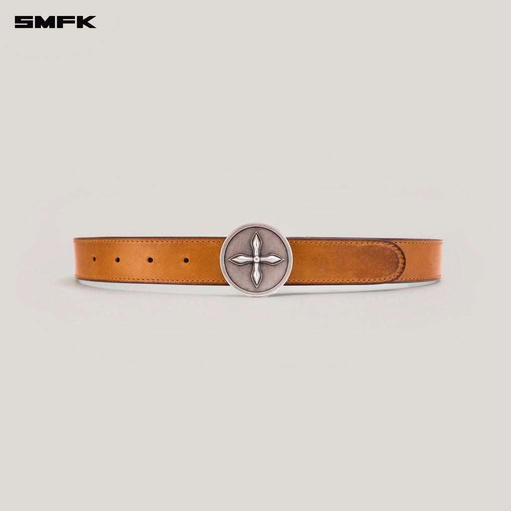COMPASS CIRCULAR BADGE HANDCRAFT PATINA LEATHER BELT CARAMEL PATINA