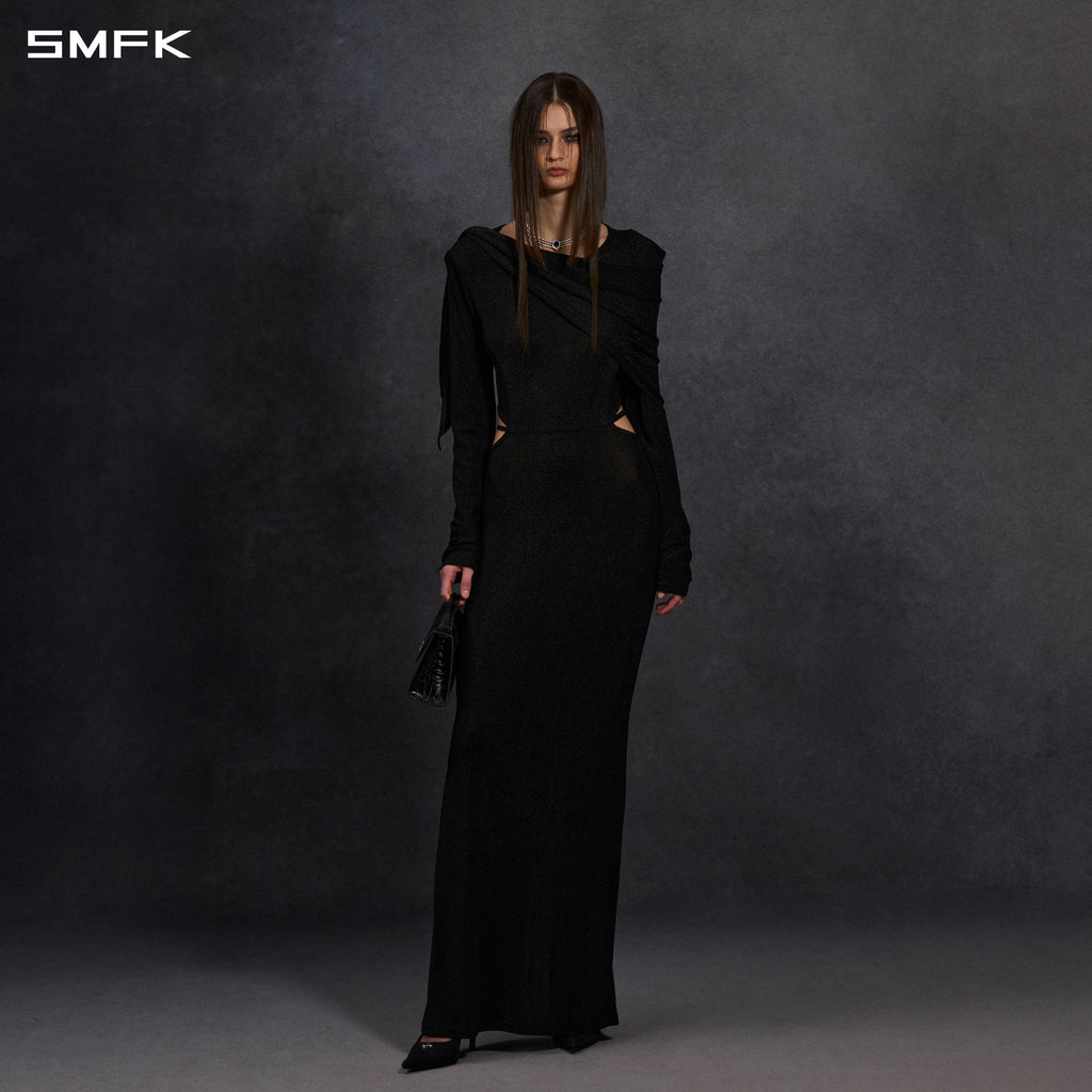 AEOLUS SLIM EVENING GOWN / POLYAMIDE + POLYESTER FILM FIBER STARLIGHT BLACK
