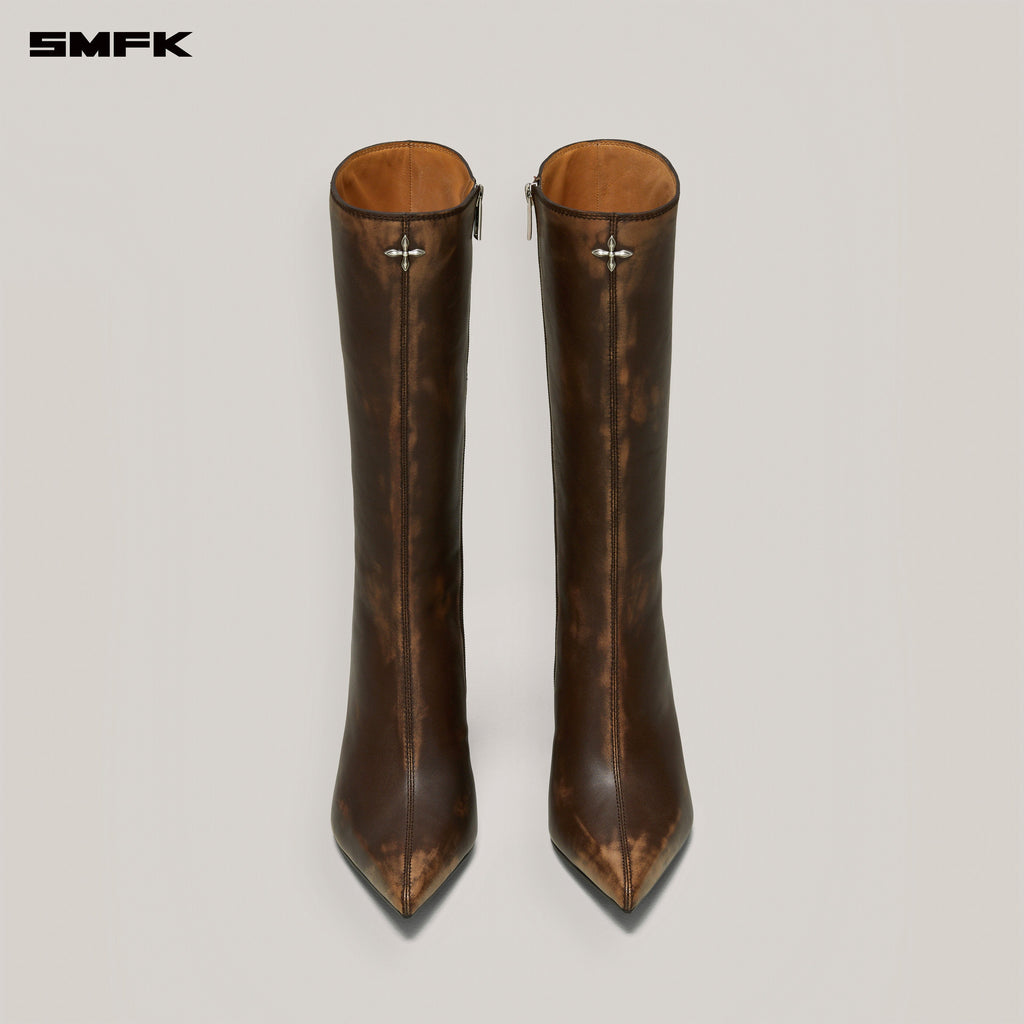 COMPASS BADGE SWORD LEATHER HIGH HEEL BOOTS PATINA WILD HORSE BROWN PATINA