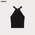 Compass Badge Necklace Off-shoulder Knit Tank Top Wild Black