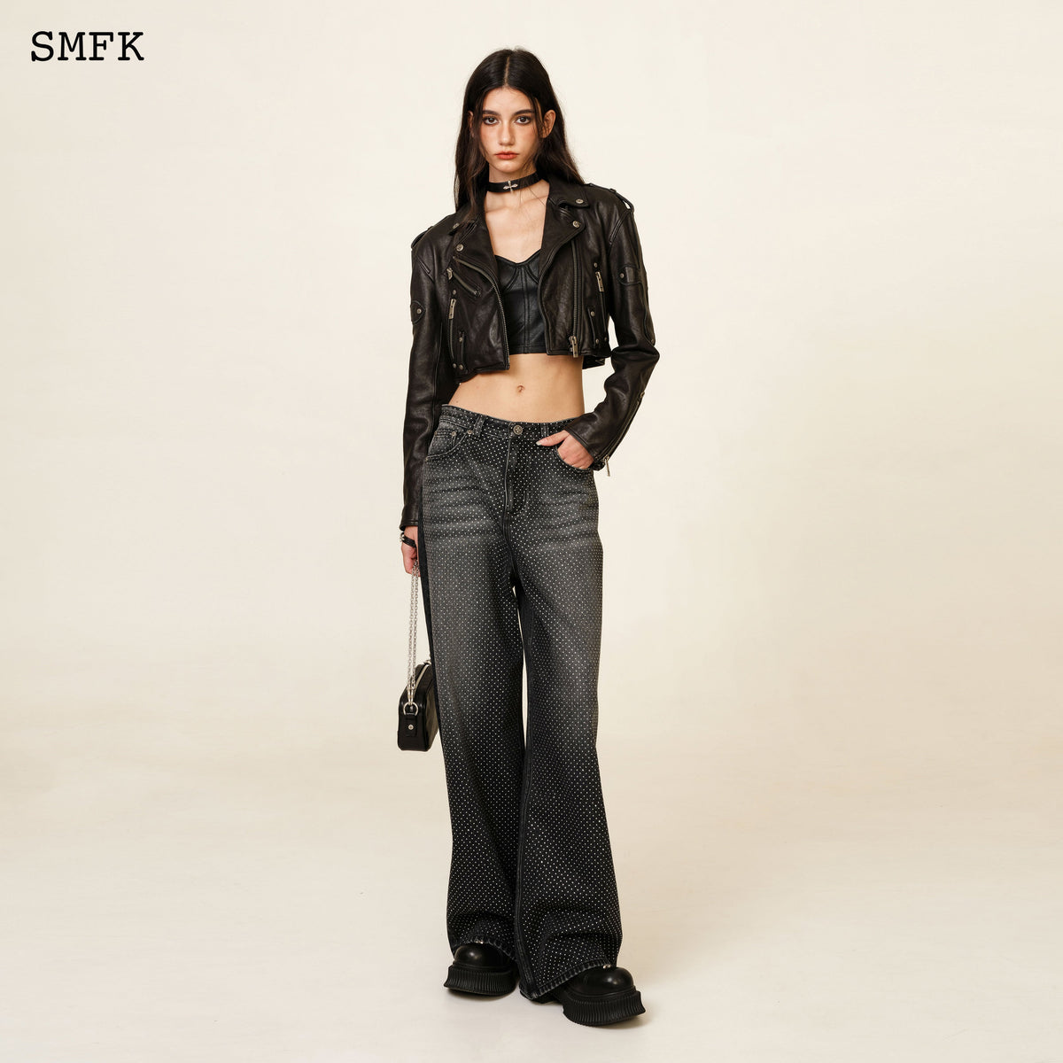 Ancient Myth Diamond(Synthetic Diamond) Flared Jeans In Black